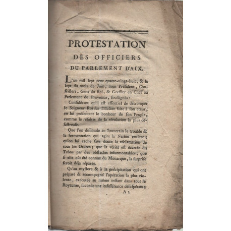 PROTESTATION des Officiers du Parlement d'AIX