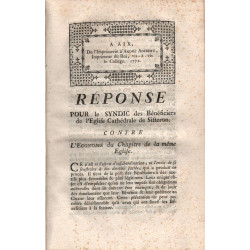 Réponse pour le Syndic des Bénéficiers de l'Eglise Cathédrale de...