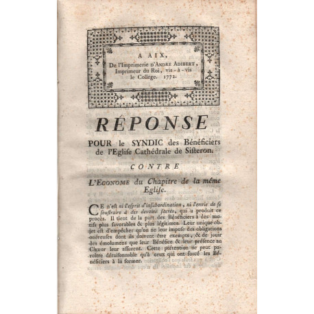 Réponse pour le Syndic des Bénéficiers de l'Eglise Cathédrale de...