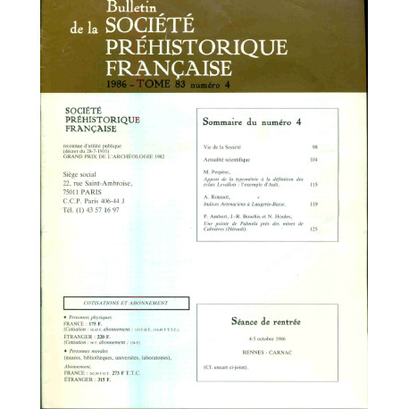 Bulletin de la société préhistorique française . Tome 83 . Numéro...