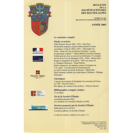 Bulletin de la Société d'etudes des Hautes-Alpes .Année 2003.Etude...