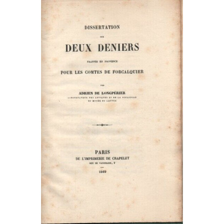 Dissertation sur DEUX DENIERS frappés en Provence pour les Comtes...