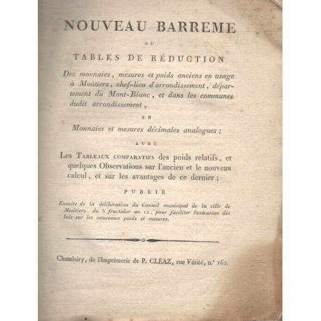 NOUVEAU BARREME ou TABLES DE REDUCTION des monnaies mesures et...