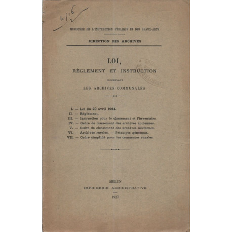 LOI Règlement et instruction concernant les archives communales