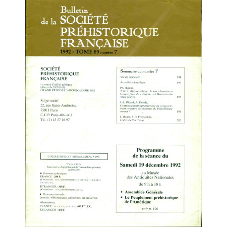 Bulletin de la Société préhistorique française.Tome 89 . Numéro 7...
