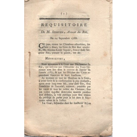 Réquisitoire de M. SEGUIER Avocat du Roi du 24 Septembre 1788